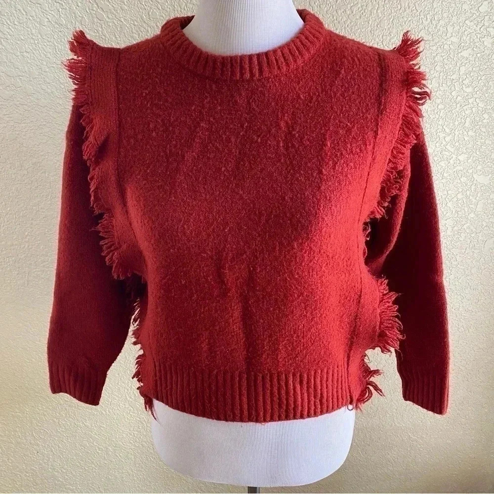 Anthropologie Fringe Knit Sweater Holidays Deep Cherry Red: Medium